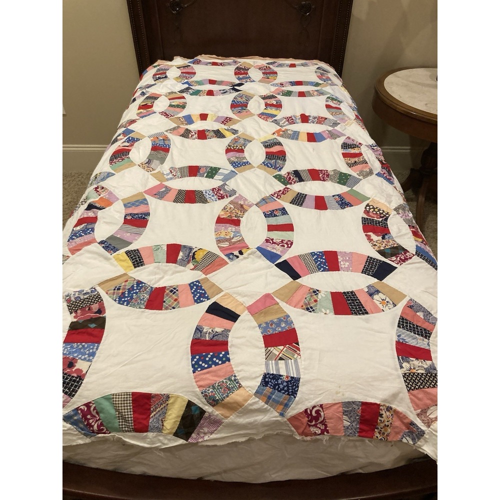 Vintage Handmade Double Wedding Quilt Topper Unfinished Patchwork 60"x75"
